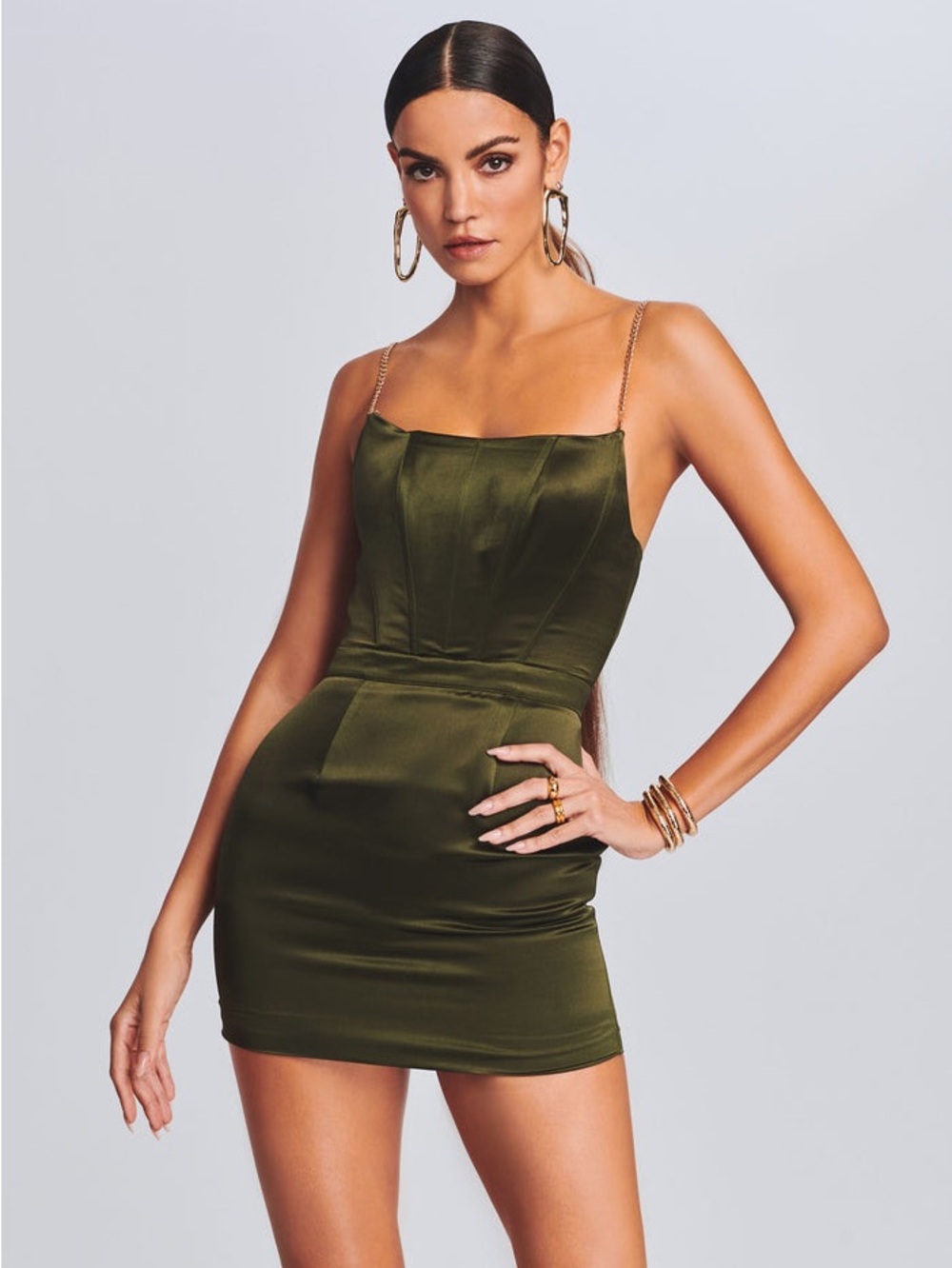 NWT Retrofete Easton Olive Satin Mini Dress Chain Straps Army Green XS New